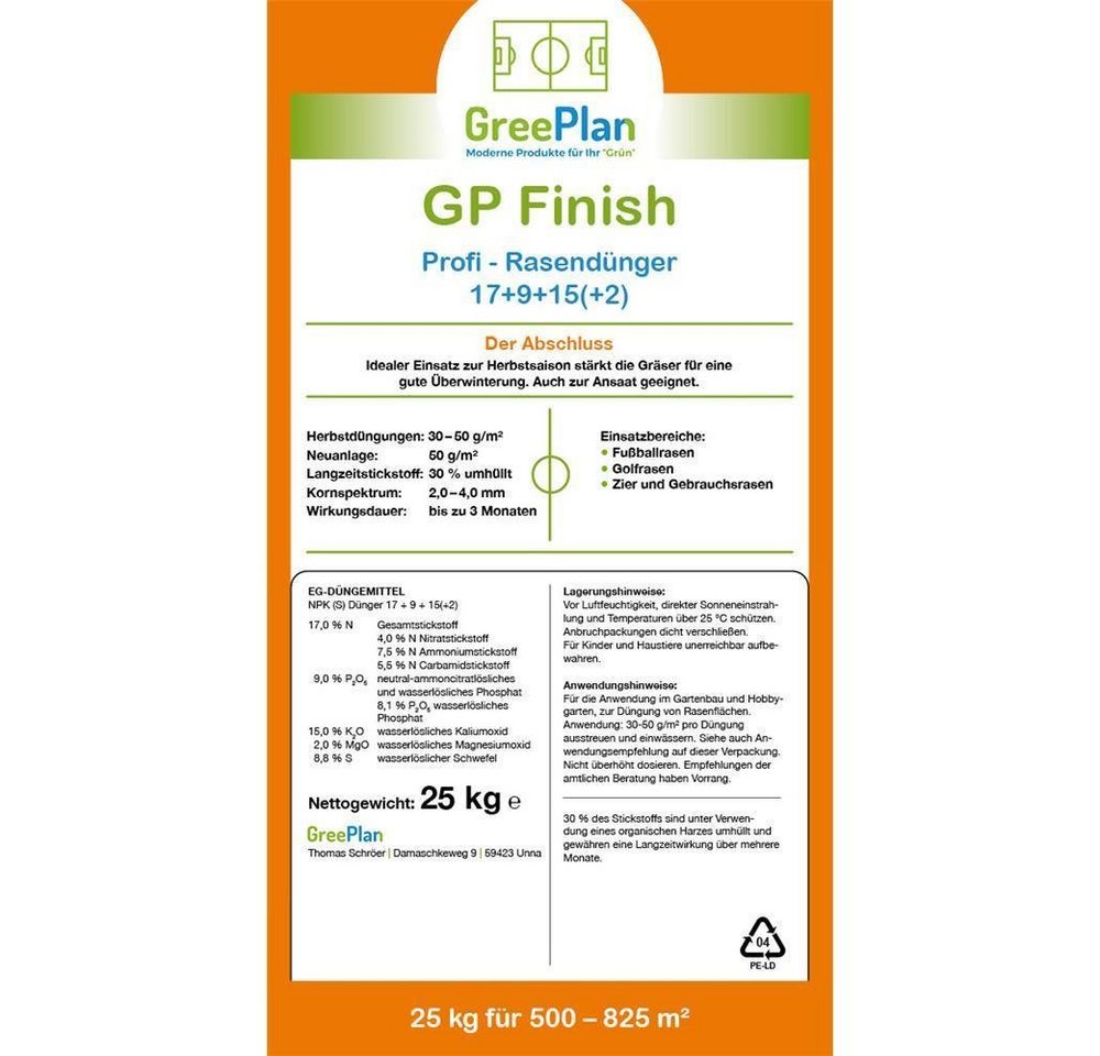 GreenPlan Rasendünger Finish Profi 25kg Sack 625-1000 m² NPK-Dünger 17+9+15(2) von GreenPlan