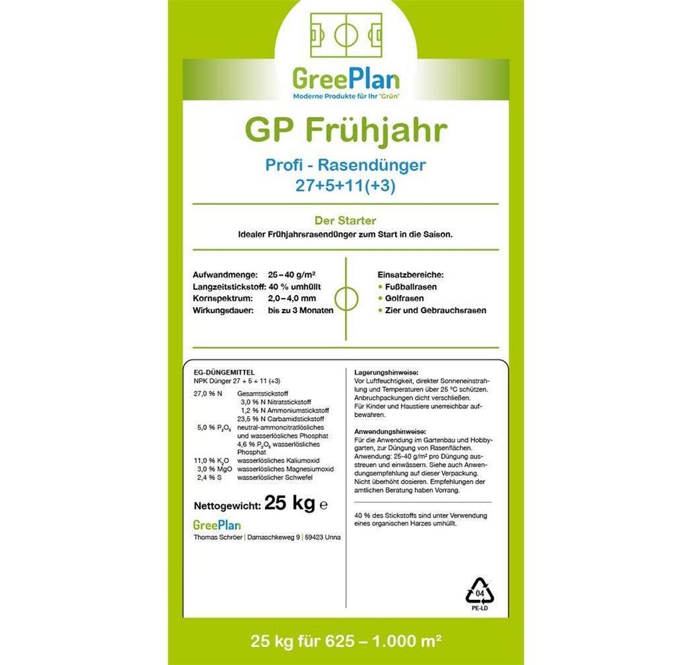 GreenPlan Rasendünger Frühjahr Profi 25kg Sack 625-1000 m² NPK-Dünger 27+5+11(3) von GreenPlan