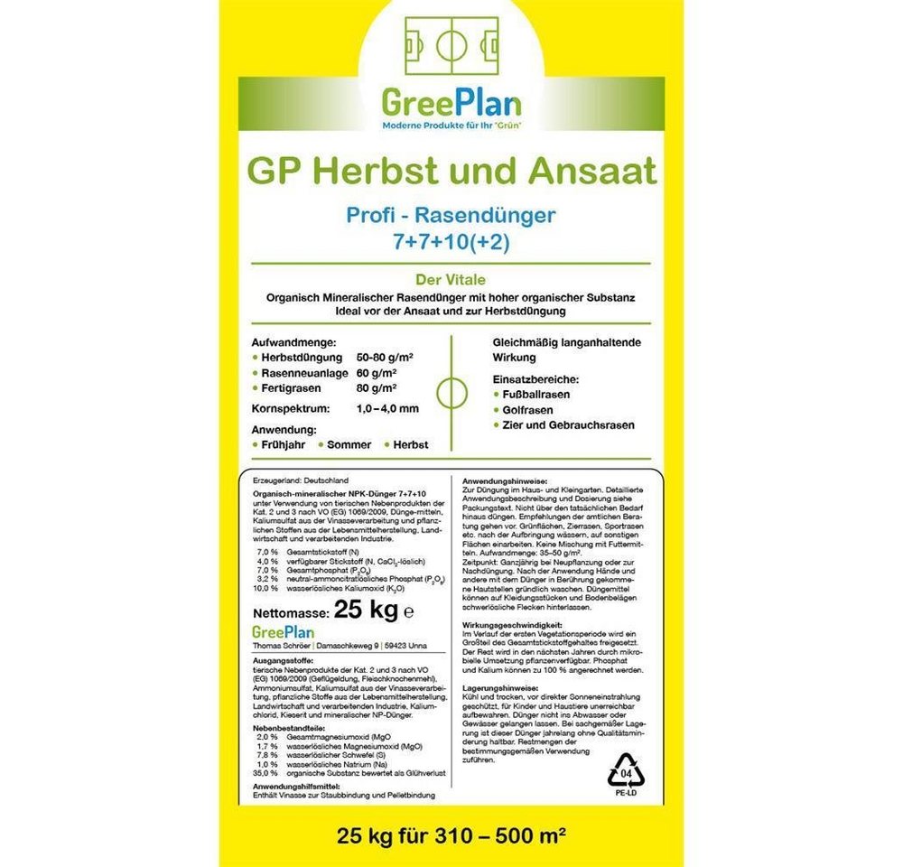 GreenPlan Rasendünger Herbst + Ansaat Profi Rasendünger 20kg 310-500 m² NPK-Dünger 7+7+10 von GreenPlan