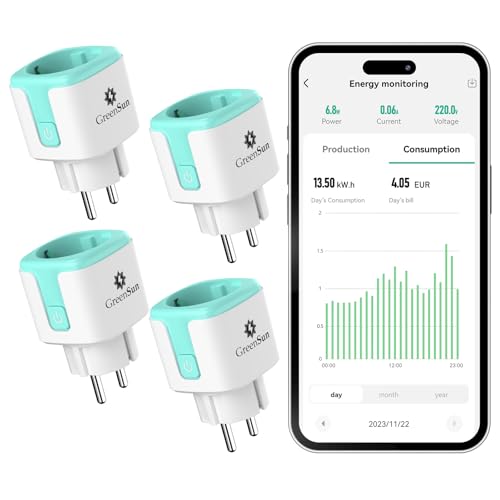 GreenSun Stromzähler für Balkonkraftwerk Wlan Steckdose - Alexa Steckdose Smart Life APP Sprachsteuerung mit Alexa Strommessgerät Smart Home Stromzähler für Steckdose Mini PV 16A 4PC von GreenSun