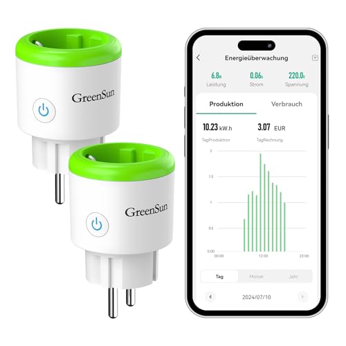 GreenSun WLAN Steckdose PV Stromzähler - Stromzähler für Steckdose Stromzähler für Balkonkraftwerk Stromverbrauchsmesser Steckdose Strommessgerät Sprachsteuerung Zeitschaltuhr Steckdose 2,4GHz 2PCS von GreenSun