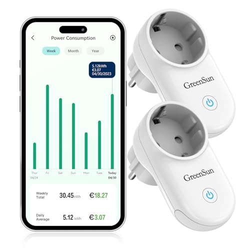 GreenSun WLAN Steckdose Wifi Steckdose Stromzähler für Steckdose Stromverbrauchsmesser Strommessgerät Steckdose Zeitschaltuhr Steckdose 16A VeSync Steckdose, 2er Steckdose Stromzähler von GreenSun