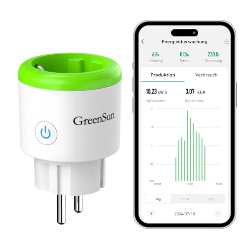 GreenSun Stromzähler für Steckdose - Stromzähler für Balkonkraftwerk WLAN Steckdose Bidirektionale Messung von Stromverbrauch & Erzeugung für Mini-PV, Zeitschaltuhr, Sprachsteuerung, 16A 2,4GHz von GreenSun