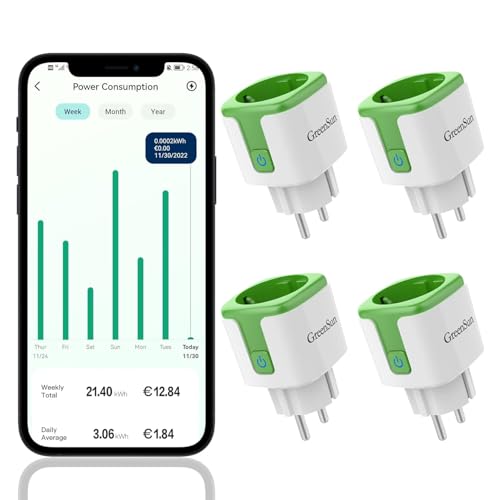 WLAN Steckdose mit Strommessung - Stromverbrauch Energiekostenmesser Sprachsteuerung mit Alexa/Google Home Stromzähler WiFi Smart Plug Home 4PC von GreenSun