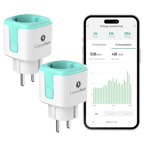GreenSun Stromzähler für Balkonkraftwerk - Wlan Steckdose Smart Life Stromverbrauchsmesser Alexa Steckdose Sprachsteuerung mit Alexa Smart Home Steckdose Mini PV Zeitschaltuhr Steckdose 16A 2PC von GreenSun