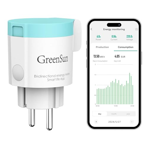 GreenSun Zeitschaltuhr Aussenbereich Wlan Steckdose Outdoor - Stromzähler für Balkonkraftwerk Zeitschaltuhr Steckdose Mini-PV Stromzähler fürSteckdose WlanSteckdose Sprachsteuerung IP44 von GreenSun