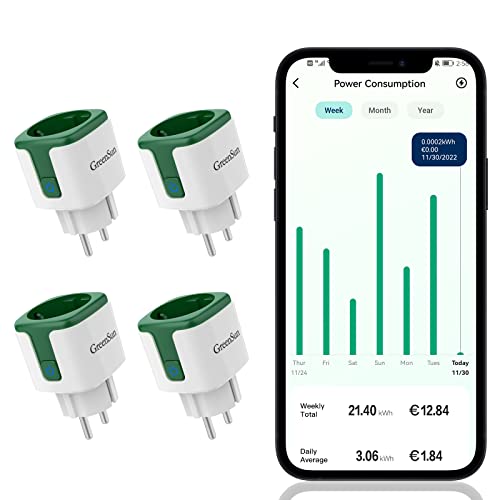 GreenSun Stromzähler für Steckdose Strommesser WLAN Steckdose mit Strommessung Alexa Steckdose 16A 2,4 GHz Smart Steckdose mit Zeitschaltuhr Strommessgerät Steckdose Stromzähler, 4 Pack von GreenSun