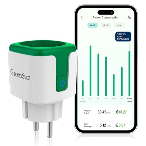 GreenSun Stromzähler für Steckdose Strommesser WLAN Steckdose mit Strommessung Alexa Steckdose 16A 2,4 GHz Smart Steckdose mit Zeitschaltuhr Strommessgerät Steckdose Stromzähler von GreenSun