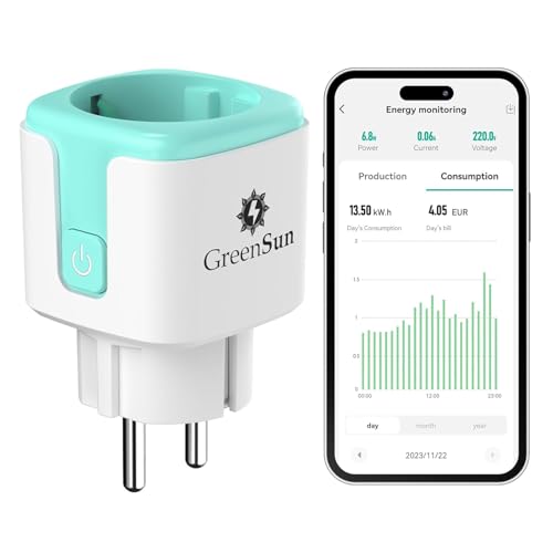 GreenSun Wlan Steckdose Zeitschaltuhr Steckdose Alexa - Stromzähler für Balkonkraftwerk Smart Life Stromverbrauchsmesser Sprachsteuerung Stromzähler für Steckdose 2.4G Mini PV Stromzähler 16A von GreenSun