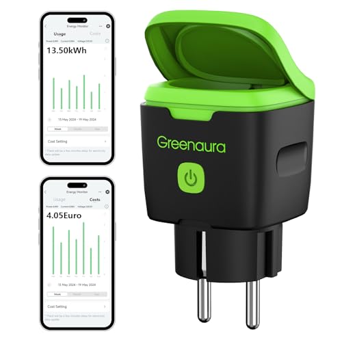 Greenaura WLAN Steckdose Outdoor - Zeitschaltuhr Aussenbereich mit Strommessung IP44 Wasserdicht, Smart Life APP Fernbedienung, Kompatibel mit Alexa/Google Home, 16A 4000W 2.4GHz WiFi von Greenaura
