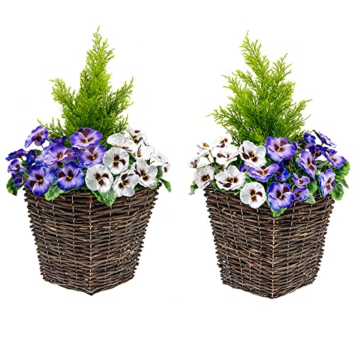 Künstlicher Pflanzentopf für die Terrasse, mit weißen und lila Blumen, Set mit 2 Stück von GreenBrokers
