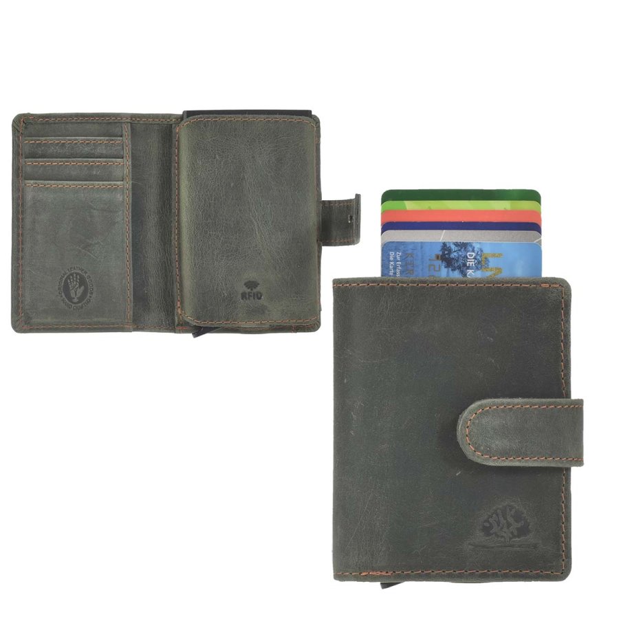 Kartenportemonnaie Herren Leder 8x10cm mit Münzfach "Vintage" grün Greenburry 1686-30 von Greenburry