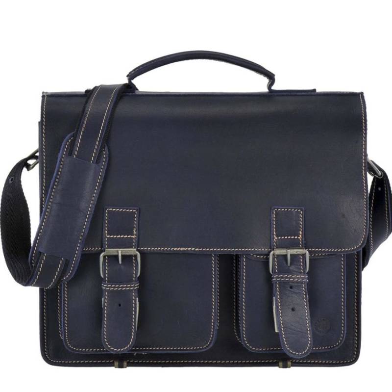 Greenburry Lehrertasche Aktentasche Damen Herren Leder 39x33cm "Buffalo" 2 Fächer, Trategriff und Schultergurt, blau von Greenburry