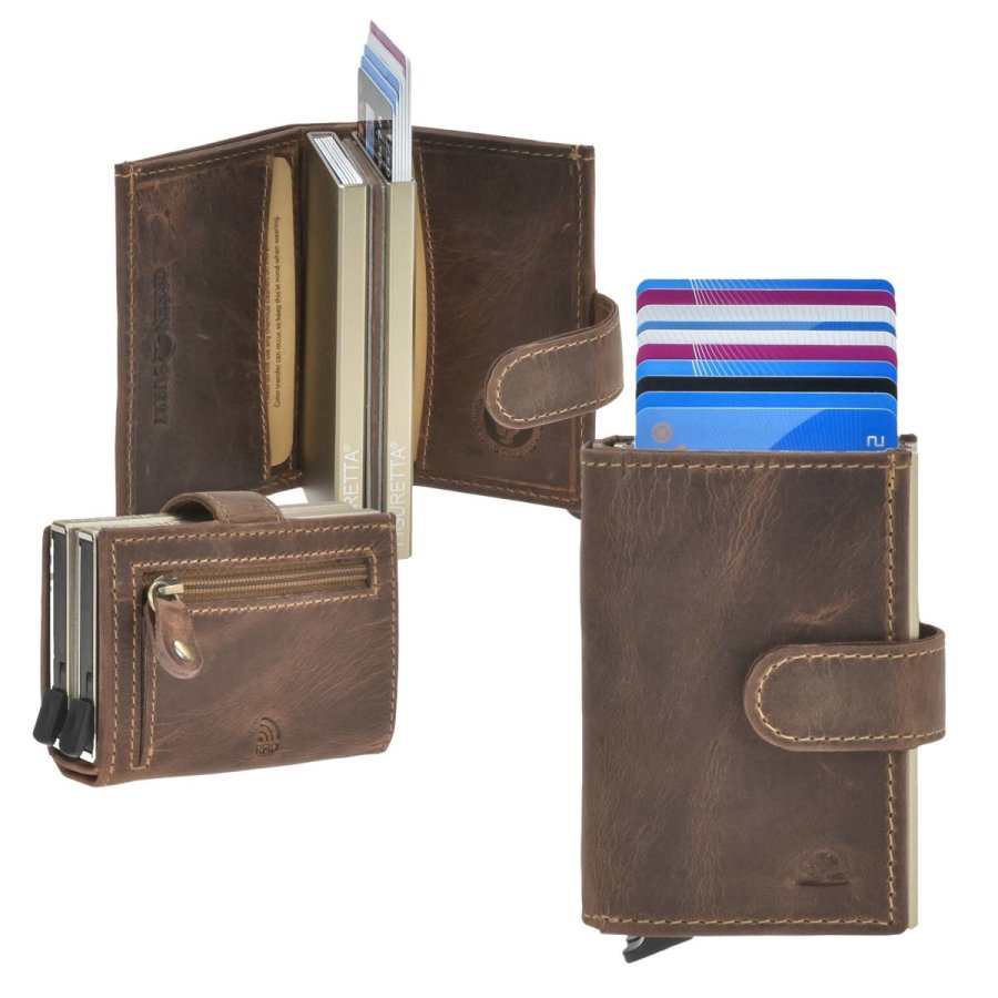 Kartenportemonnaie Herren Leder 8x10cm mit Münzfach Zip für bis zu 12 Karten RFID "Vintage" antik braun GREENBURRY von Greenburry