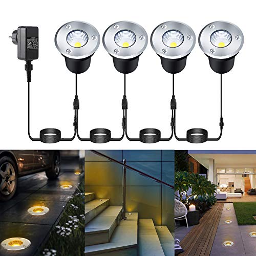 Greenclick 4 in 1 LED Bodenlicht Bodeneinbauleuchten COB 3w 12v Ø65mm, IP67 wasserdicht warmweiß Bodeneinbaustrahler mit Stecker für Terrasse, Rasen Terrassenstrahler Garten Treppen, Gehweg, Auffahrt von Greenclick