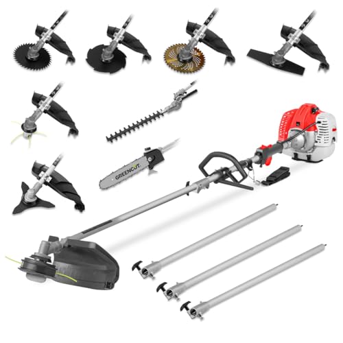 GREENCUT GM650X-9-9-in-1 Multifunktionswerkzeug, 65cc 4.9hp 2-Takt Benzinmotor, 9 Zubehörteile, Freischneider + Astschere + Heckenschere Funktionen von Greencut