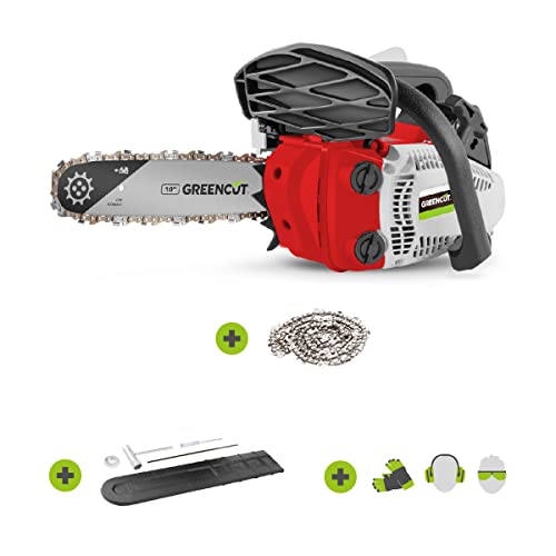 GREENCUT GS280X-10 - Benzin-Kettensäge, 2-Takt 28cc Verbrennungsmotor, Leistung 1,7 PS, 10" Sägeblatt, für Baumschnitt, Schnittlänge 25,4 cm, ergonomischer Führungsholm und Gurtzeug von Greencut