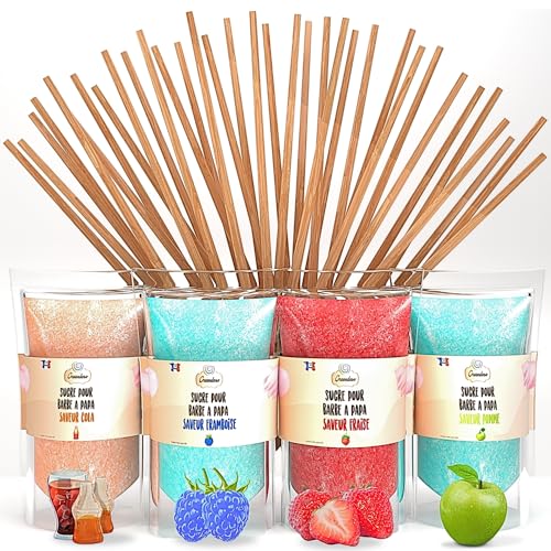 GREENDOSO® Zuckerwatte Zucker für Zuckerwattemaschine (4x320 g) - 4 Sorten (Erdbeere/Cola/Himbeere/Apfel) + 50 Stäbchen von Greendoso