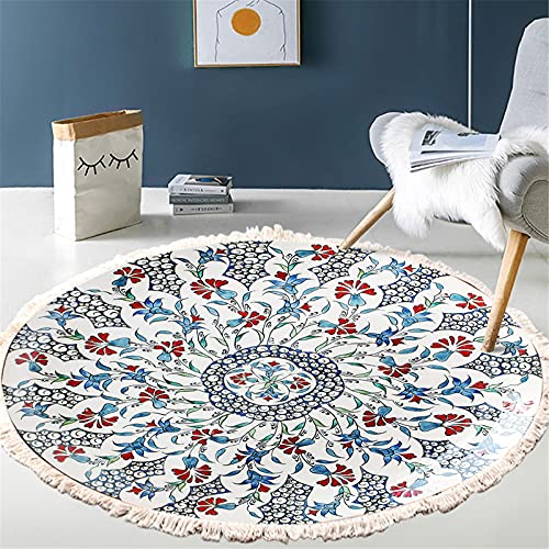 Greenf Runder Teppich, Mandala Boho Runde Teppich mit Quasten Handwebteppich Baumwolle Waschbar Boho-Stil Teppiche (Stil 9,150 x 150cm) von Greenf