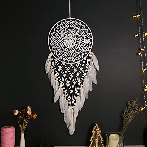 Greenf Wandbehang Traumfänger Weiß Baumwolle Dreamcatcher, Boho Makramee Traumfänge,Federn Traumfänger Im Hochzeit Home Schlafzimmer Wohnzimmer Dekoration von WEIPAI