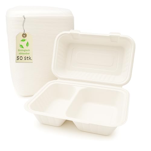 Greenkaufen Bio (250 Stück) Bagasse stabil Einweg Warmhalte- Menüboxen 2 geteilt, Klappbox, Snackboxen IP10, 23x15x8cm 900 ml weiß umweltfreundiche menubox Verpackungsboxen von Greenkaufen