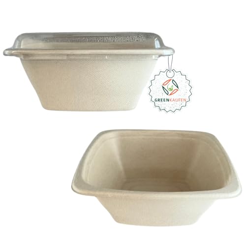 Greenkaufen (50 Stück) 1L Zuckerrohr Bagasse Salatschüssel mit PET Deckel, Verpackungsboxen, Einwegschalen, Reisschale, Nudelschale, salatschale mit deckel Einweggeschirr Verpackungsboxen von Greenkaufen