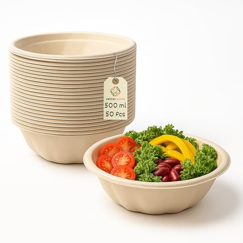 Greenkaufen 50 Stück Bio-Einwegschalen aus Bagasse – 500 ml (17 oz), kompostierbar & mikrowellengeeignet – umweltfreundliche Papierschalen für Party, Picknick & Catering von Greenkaufen