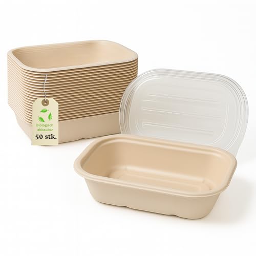 Greenkaufen 50 Stück Bagasse Schalen 700 ml mit PET-Deckel – Einweg To-Go Bowls aus Zuckerrohr – Kompostierbar, fettresistent, mikrowellengeeignet – Für Zuhause, Catering & Takeaway von Greenkaufen