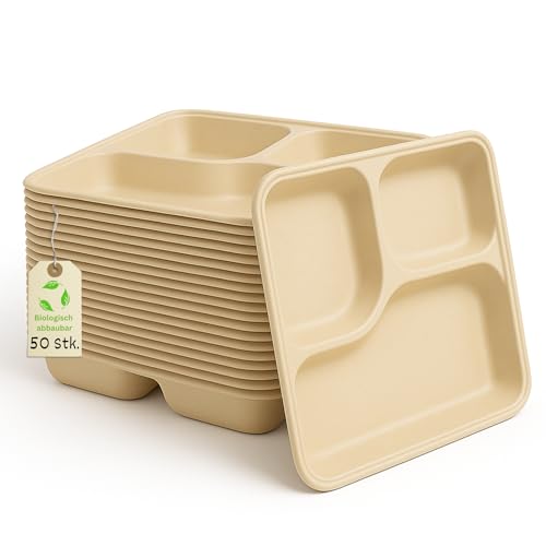 Greenkaufen Einwegteller 50 Stück 3-Geteilt Super Stabil 24cm Einweggeschirr Aus Zuckerrohr - Tiefe Teller, Pappteller, Plastikteller Einweg, Menüteller, Umweltfreundlich und Robust von Greenkaufen