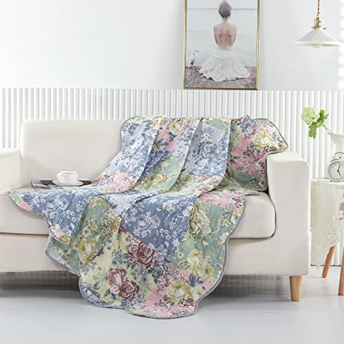 Greenland Home Emma Patchwork-Überwurfdecke, Blumendruck, gesteppt, 152,4 x 127 cm, Grau von Greenland Home Fashions