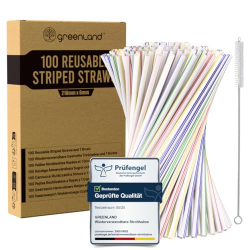 Greenland® 100 Wiederverwendbare Gestreifte Trinkhalme mit Bürste – 21 cm lang, 6 mm breit – Perfekt für Cocktails, Milch, Saft, Tee (Strohhalme) von Greenland