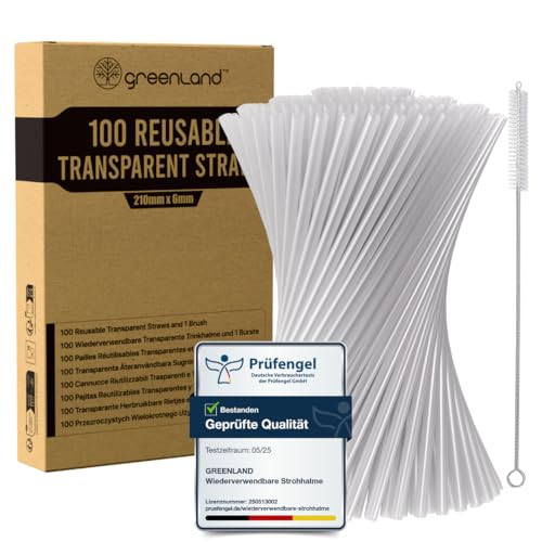 Greenland 100 Wiederverwendbare Transparente Strohhalme mit Bürste – 21 cm lang, 6 mm breit – Perfekt für Cocktails, Milch, Saft, Tee (Trinkhalme) von Greenland