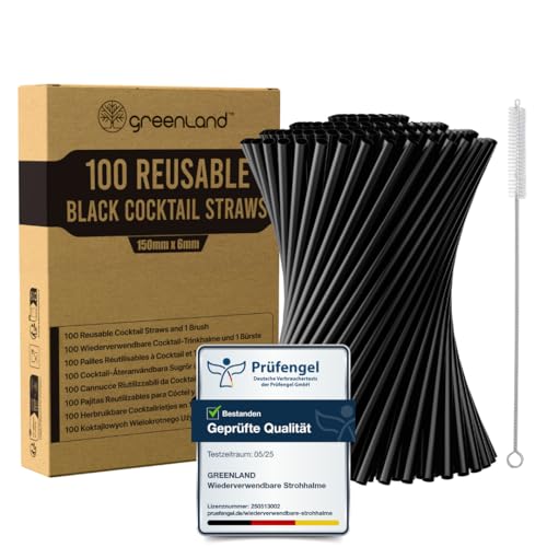 Greenland 100 Wiederverwendbare kurze Schwarze Cocktailstrohhalmen mit Bürste – 15 cm lang, 6 mm breit – Perfekt für Cocktails, ideal als Kinderstrohhalme (Trinkhalme) von Greenland