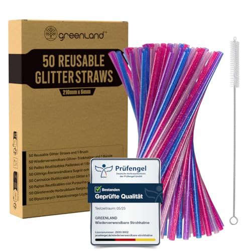 Greenland® 50 Wiederverwendbare Glitzer-Trinkhalme mit Bürste – 21 cm lang, 6 mm breit – Perfekt für Cocktails, Milch, Saft, Tee (Strohhalme) von Greenland