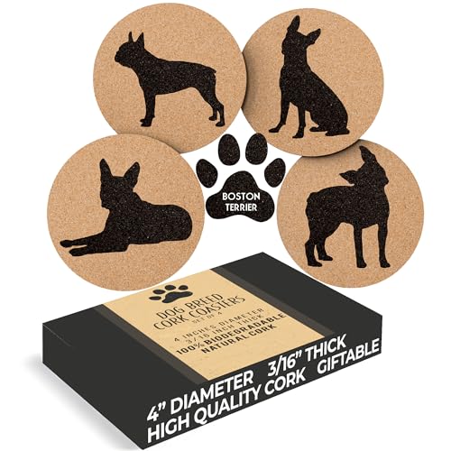 Boston Terrier Lovers Kork-Untersetzer – Set mit 4 Hunde-Untersetzern mit schützender Unterseite,Boston Terrier Dekor Untersetzer für Getränke,Tolle Geschenkidee für Boston Terrier Mütter und Väter von Greenline Goods