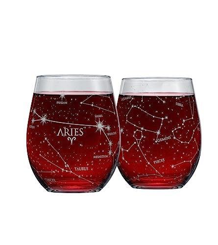 Greenline Goods Aries Stemless Weingläser | Tierkreis Widder Set | Handgeätzte 15 Unzen (2er-Set) - Astrologie Zeichen Glaswaren von Greenline Goods