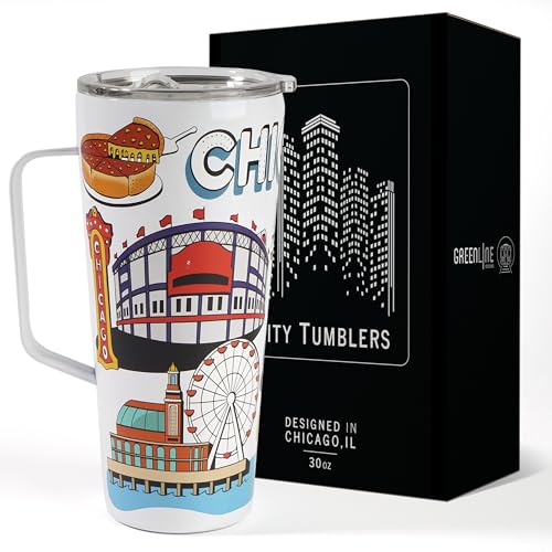 Greenline Goods Chicago City Isolierbecher mit Deckel und Griff, 850 ml, Edelstahl für heiße und kalte Getränke, elegantes Kaffeebecher-Design – Heißer & Kalter Kaffeebecher von Greenline Goods