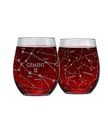 Greenline Goods Gemini Stemless Weingläser | Zodiac Gemini Set | Handgeätzte 15 Unzen (2er-Set) - Astrologie Zeichen Glaswaren von Greenline Goods