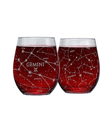 Greenline Goods Gemini Stemless Weingläser | Zodiac Gemini Set | Handgeätzte 15 Unzen (2er-Set) - Astrologie Zeichen Glaswaren von Greenline Goods