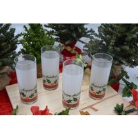 Happy Holidays Libbey 10 Oz. Hohe Kugelgläser. 4Er Set. Mattiert Mit Holly Und Rotem Band Akzent von GreenpumpkinsUS