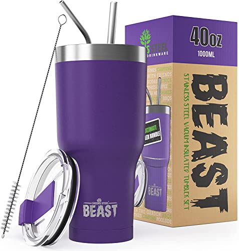 Beast Thermobecher 1100 ml (40 oz) - Dunkellila I Mehrweg Thermo Kaffeebecher To Go mit 2 Strohhalmen & Reinigungsbürste I Doppelwandiger Trinkbecher aus Edelstahl I Perfekt für Kaffee oder Eiskaffee von Greens Steel