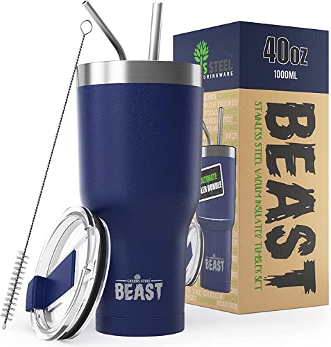 Beast Thermobecher 1100 ml (40 oz) - Königsblau I Mehrweg Thermo Kaffeebecher To Go mit 2 Strohhalmen & Reinigungsbürste I Doppelwandiger Trinkbecher aus Edelstahl I Perfekt für Kaffee oder Eiskaffee von Greens Steel