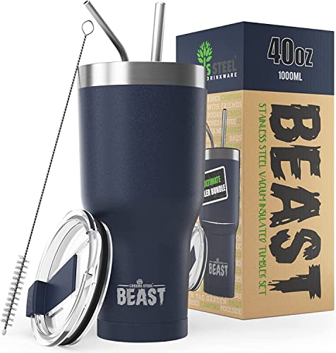 Beast Thermobecher 1050 ml (40 oz) - Navy blau I Mehrweg Thermo Kaffeebecher To Go mit 2 Strohhalmen & Reinigungsbürste I Doppelwandiger Trinkbecher aus Edelstahl I Perfekt für Kaffee oder Eiskaffee von Greens Steel