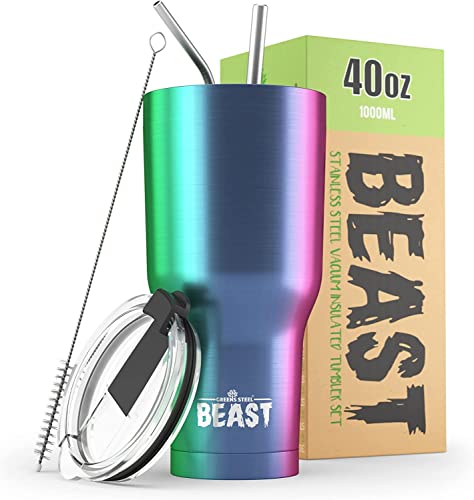 Beast Thermobecher 1050 ml (40 oz) - Regenbogen I Mehrweg Thermo Kaffeebecher To Go mit 2 Strohhalmen & Reinigungsbürste I Doppelwandiger Trinkbecher aus Edelstahl I Perfekt für Kaffee oder Eiskaffee von Greens Steel