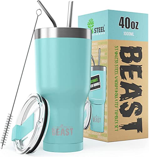 Beast Thermobecher 1100 ml - Aquamarinblau I Mehrweg Thermo Kaffeebecher To Go mit 2 Strohhalmen & Reinigungsbürste I Doppelwandiger Trinkbecher aus Edelstahl I Perfekt für Kaffee oder Eiskaffee von Greens Steel