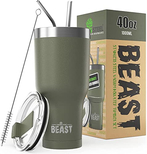 Beast Thermobecher 1050 ml - Armeegrün I Mehrweg Thermo Kaffeebecher To Go mit 2 Strohhalmen & Reinigungsbürste I Doppelwandiger Trinkbecher aus Edelstahl I Perfekt für Kaffee oder Eiskaffee Beast Thermobecher 1050 ml - Armeegrün I Mehrweg Thermo Kaffeebecher To Go mit 2 Strohhalmen & Reinigungsbürste I Doppelwandiger Trinkbecher aus Edelstahl I Perfekt für Kaffee oder Eiskaffee von Greens Steel