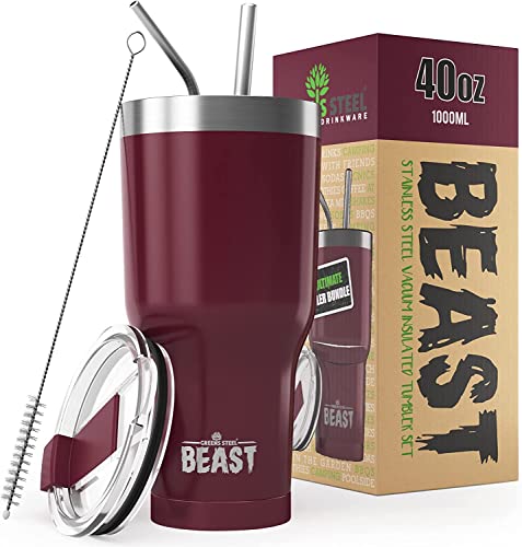 Beast Thermobecher 1100 ml - Cranberry I Mehrweg Thermo Kaffeebecher To Go mit 2 Strohhalmen & Reinigungsbürste I Doppelwandiger Trinkbecher aus Edelstahl I Perfekt für Kaffee oder Eiskaffee von Greens Steel