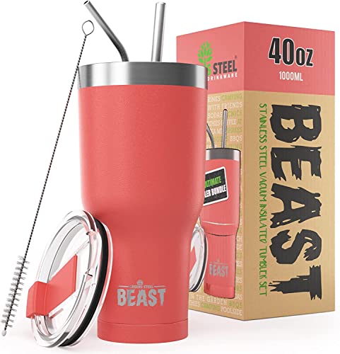 Beast Thermobecher 1100 ml - Koralle I Mehrweg Thermo Kaffeebecher To Go mit 2 Strohhalmen & Reinigungsbürste I Doppelwandiger Trinkbecher aus Edelstahl I Perfekt für Kaffee oder Eiskaffee von Greens Steel