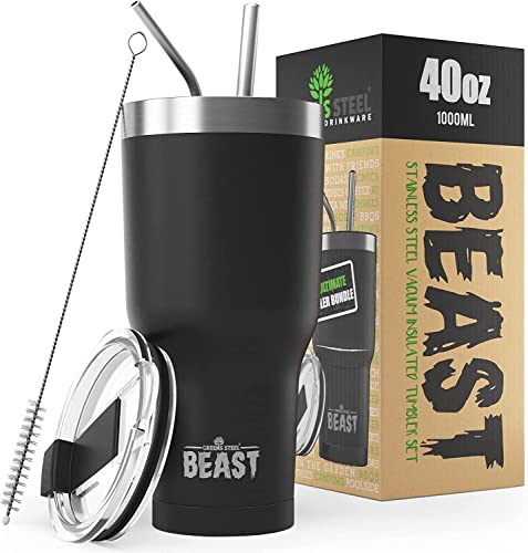 Beast Thermobecher 1100 ml - Matt-schwarz I Mehrweg Thermo Kaffeebecher To Go mit 2 Strohhalmen & Reinigungsbürste I Doppelwandiger Trinkbecher aus Edelstahl I Perfekt für Kaffee oder Eiskaffee von Greens Steel