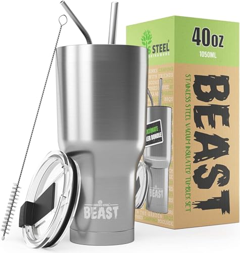 Beast Thermobecher 1100 ml - Silber I Mehrweg Thermo Kaffeebecher To Go mit 2 Strohhalmen & Reinigungsbürste I Doppelwandiger Trinkbecher aus Edelstahl I Perfekt für Kaffee oder Eiskaffee von Greens Steel